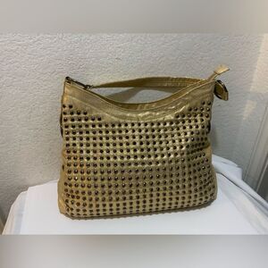 New LATIQUE purse pretty gold metallic  studded shoulder bag canvas HOBO